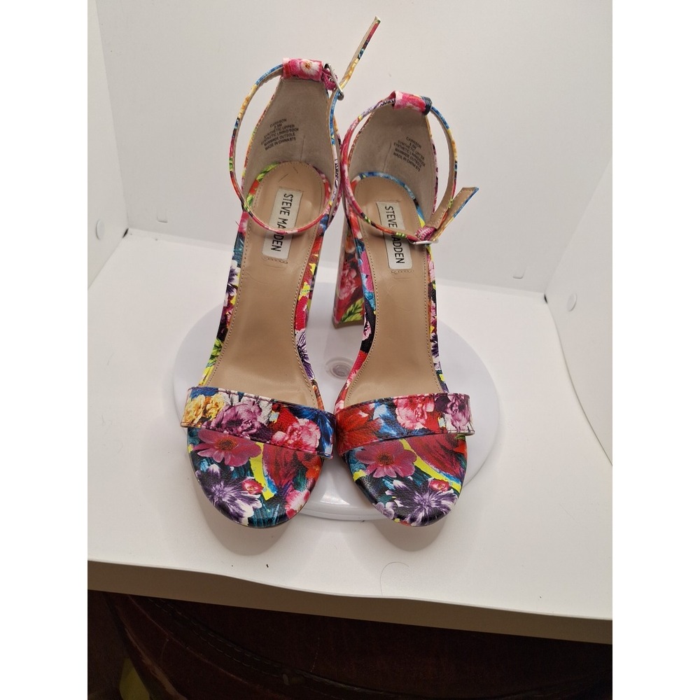 Steve Madden Womens Sz 8.5 M Bright Floral Block High Heels Ankle Strap - Picture 4 of 10